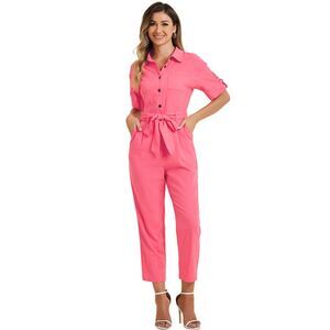 Collared Cropped Button Down Tie Waist Cotton Cargo Jumpsuit Watermelon Red